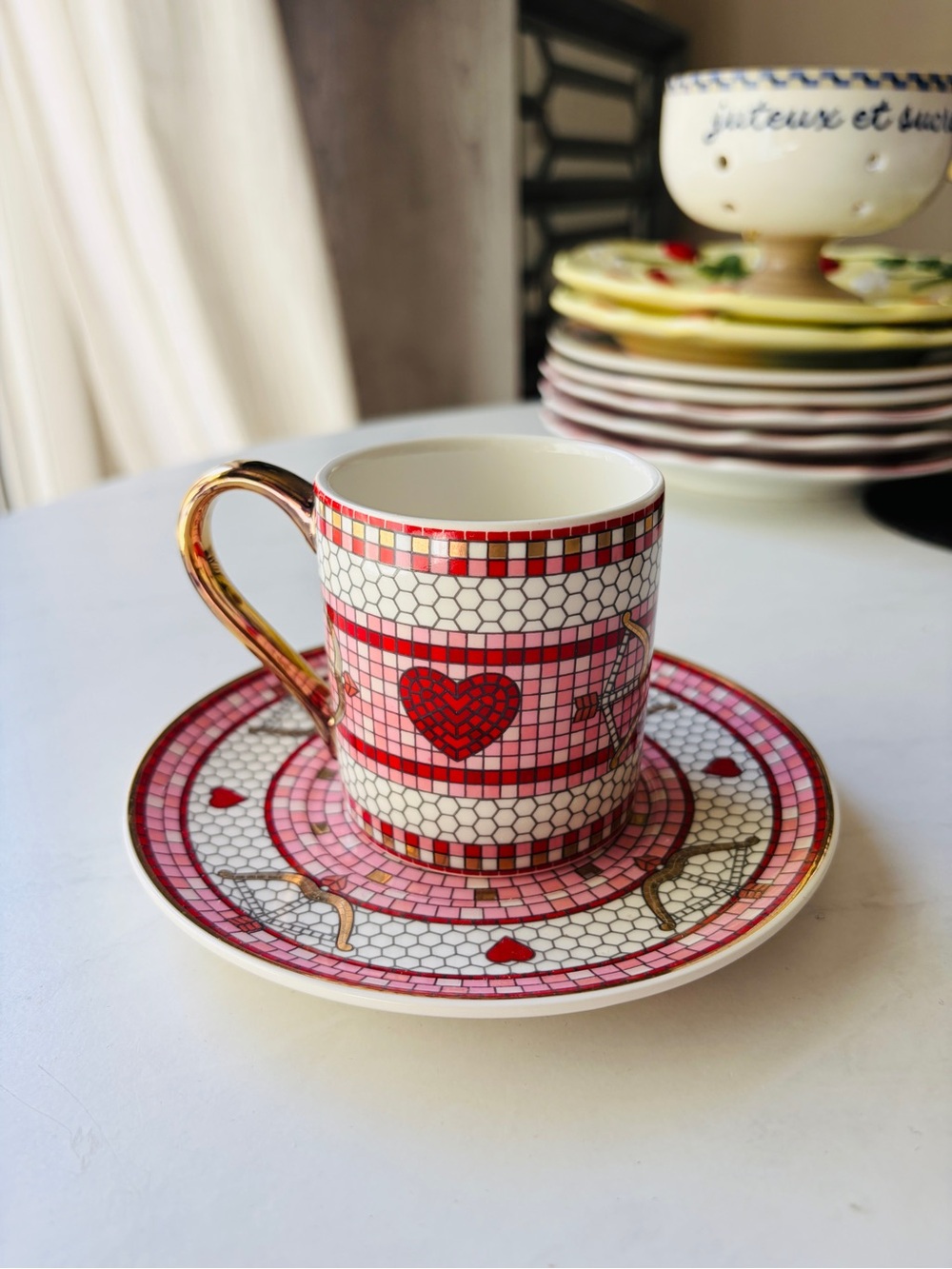 NEW Anthropologie Bistro Tile Stoneware 24k Gold Accent Espresso Cup & Sauce - Picture 7 of 12